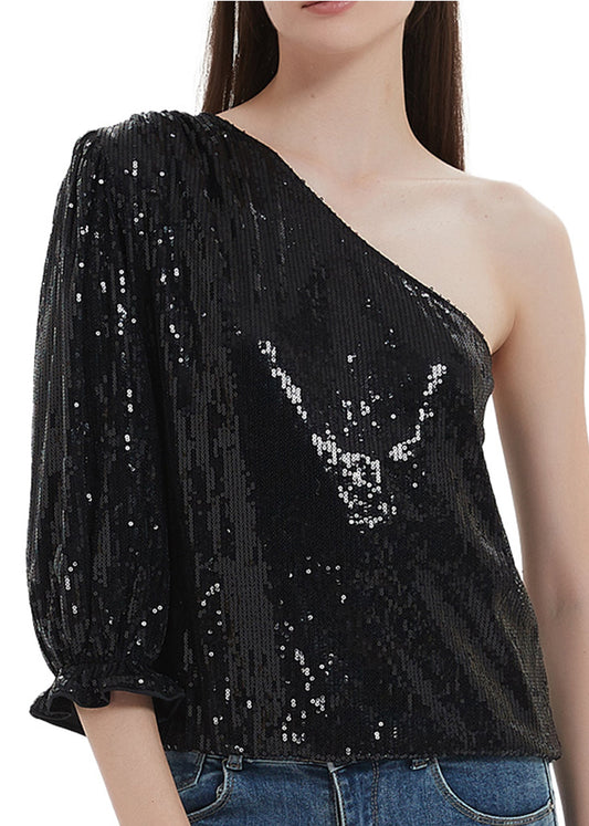 Blusa de un hombro con lentejuelas brillantes de verano de Anna-Kaci, blusa informal de cóctel con lentejuelas brillantes