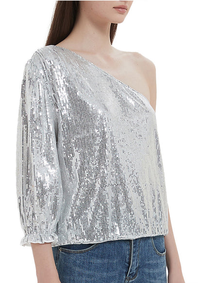 Blusa de un hombro con lentejuelas brillantes de verano de Anna-Kaci, blusa informal de cóctel con lentejuelas brillantes