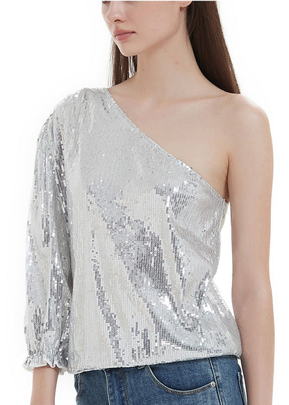 Blusa de un hombro con lentejuelas brillantes de verano de Anna-Kaci, blusa informal de cóctel con lentejuelas brillantes
