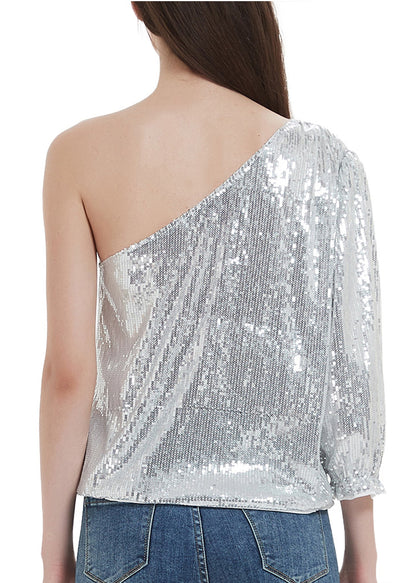 Blusa de un hombro con lentejuelas brillantes de verano de Anna-Kaci, blusa informal de cóctel con lentejuelas brillantes