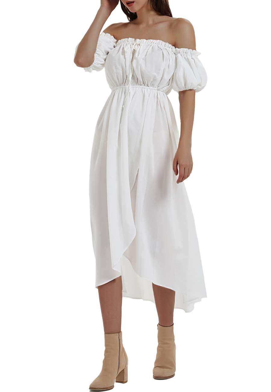 Anna-Kaci Mujeres Blanco Verano Otoño Renacimiento Vestidos Casual Boho Manga Linterna Hombros Descubiertos Vestido Largo Hada