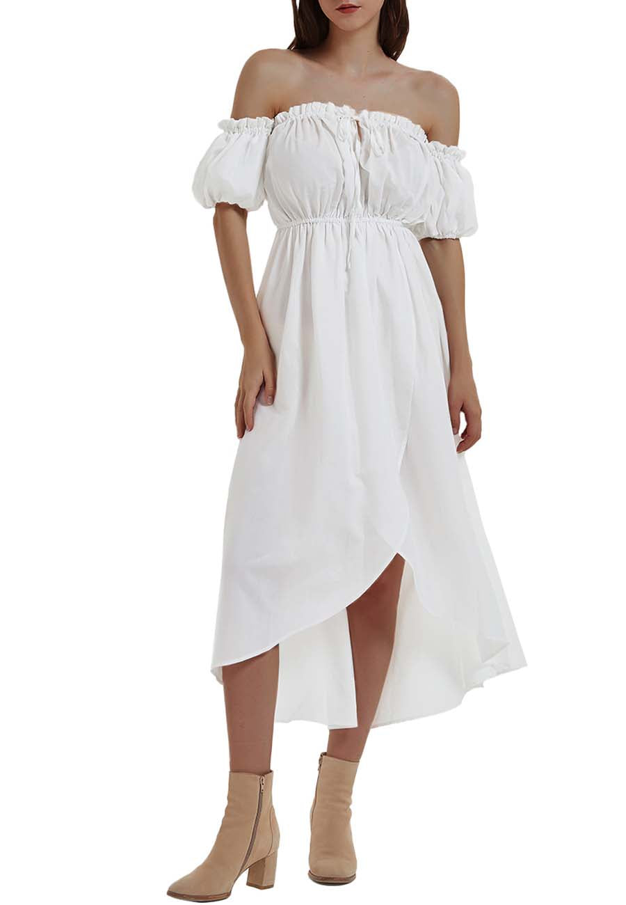 Anna-Kaci Mujeres Blanco Verano Otoño Renacimiento Vestidos Casual Boho Manga Linterna Hombros Descubiertos Vestido Largo Hada