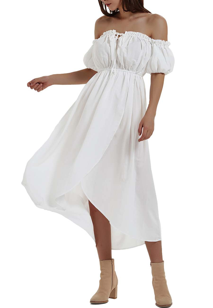 Anna-Kaci Mujeres Blanco Verano Otoño Renacimiento Vestidos Casual Boho Manga Linterna Hombros Descubiertos Vestido Largo Hada