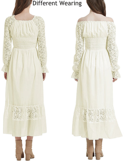 Vestido largo de otoño con escote en V y manga larga con encaje para mujer