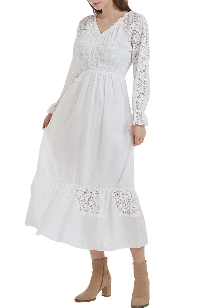 Vestido largo de otoño con escote en V y manga larga con encaje para mujer