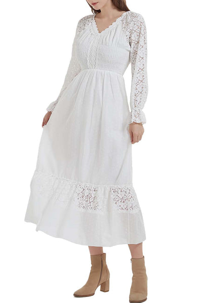 Vestido largo de otoño con escote en V y manga larga con encaje para mujer