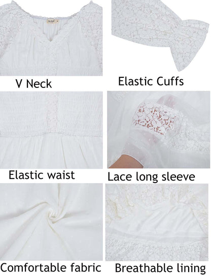 Vestido largo de otoño con escote en V y manga larga con encaje para mujer