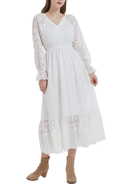 Vestido largo de otoño con escote en V y manga larga con encaje para mujer