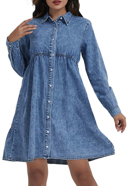 Button-Down Tiered Denim Shirt Dress