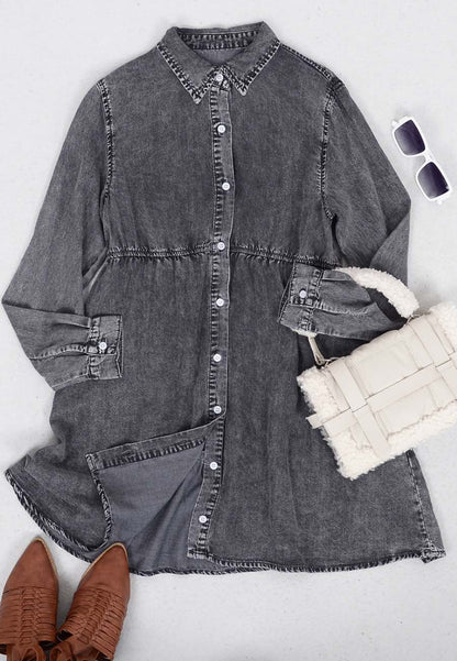 Button-Down Tiered Denim Shirt Dress