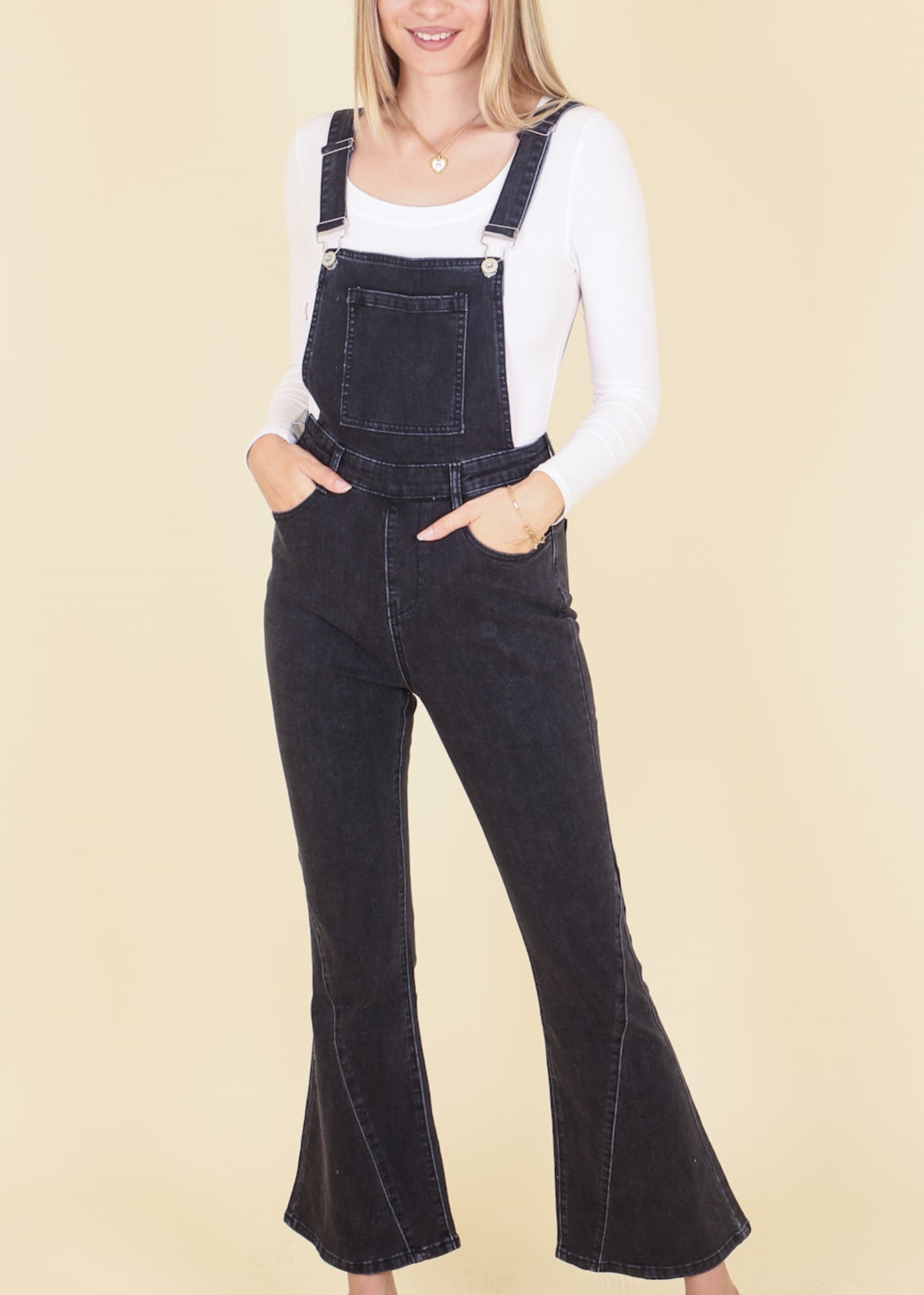 Monos acampanados para mujer de Anna-Kaci Monos Vaqueros retro con parte inferior acampanada Monos vaqueros ajustados
