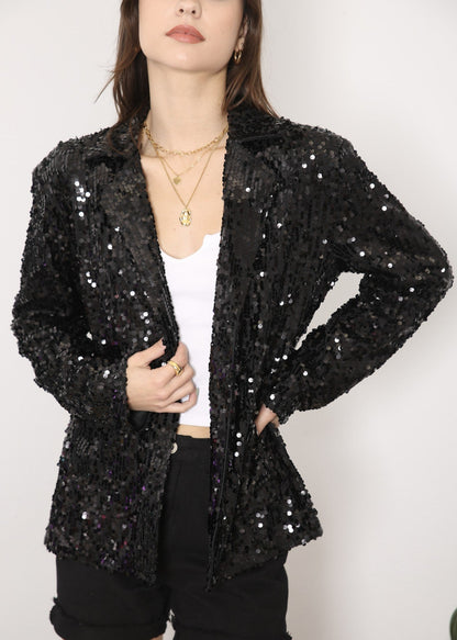 Chaqueta de lentejuelas para mujer de Anna-Kaci, chaqueta de fiesta con mangas largas y abertura frontal y brillo brillante