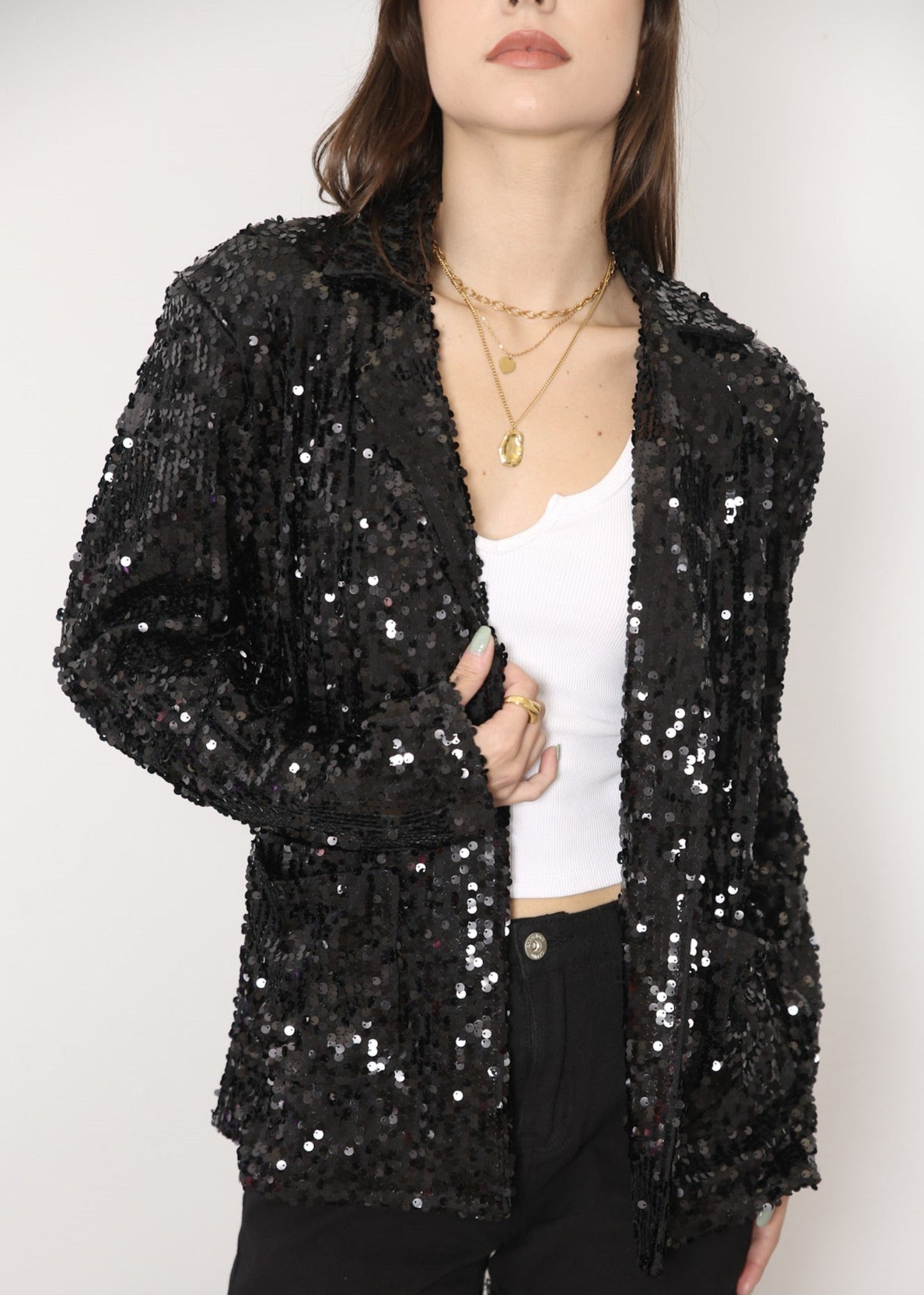 Chaqueta de lentejuelas para mujer de Anna-Kaci, chaqueta de fiesta con mangas largas y abertura frontal y brillo brillante