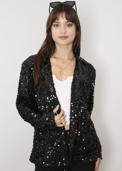 Chaqueta de lentejuelas para mujer de Anna-Kaci, chaqueta de fiesta con mangas largas y abertura frontal y brillo brillante