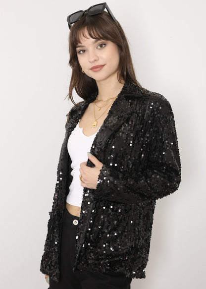 Chaqueta de lentejuelas para mujer de Anna-Kaci, chaqueta de fiesta con mangas largas y abertura frontal y brillo brillante