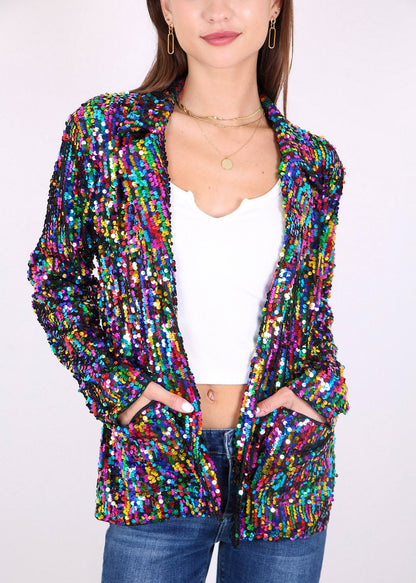 Chaqueta de lentejuelas para mujer de Anna-Kaci, chaqueta de fiesta con mangas largas y abertura frontal y brillo brillante