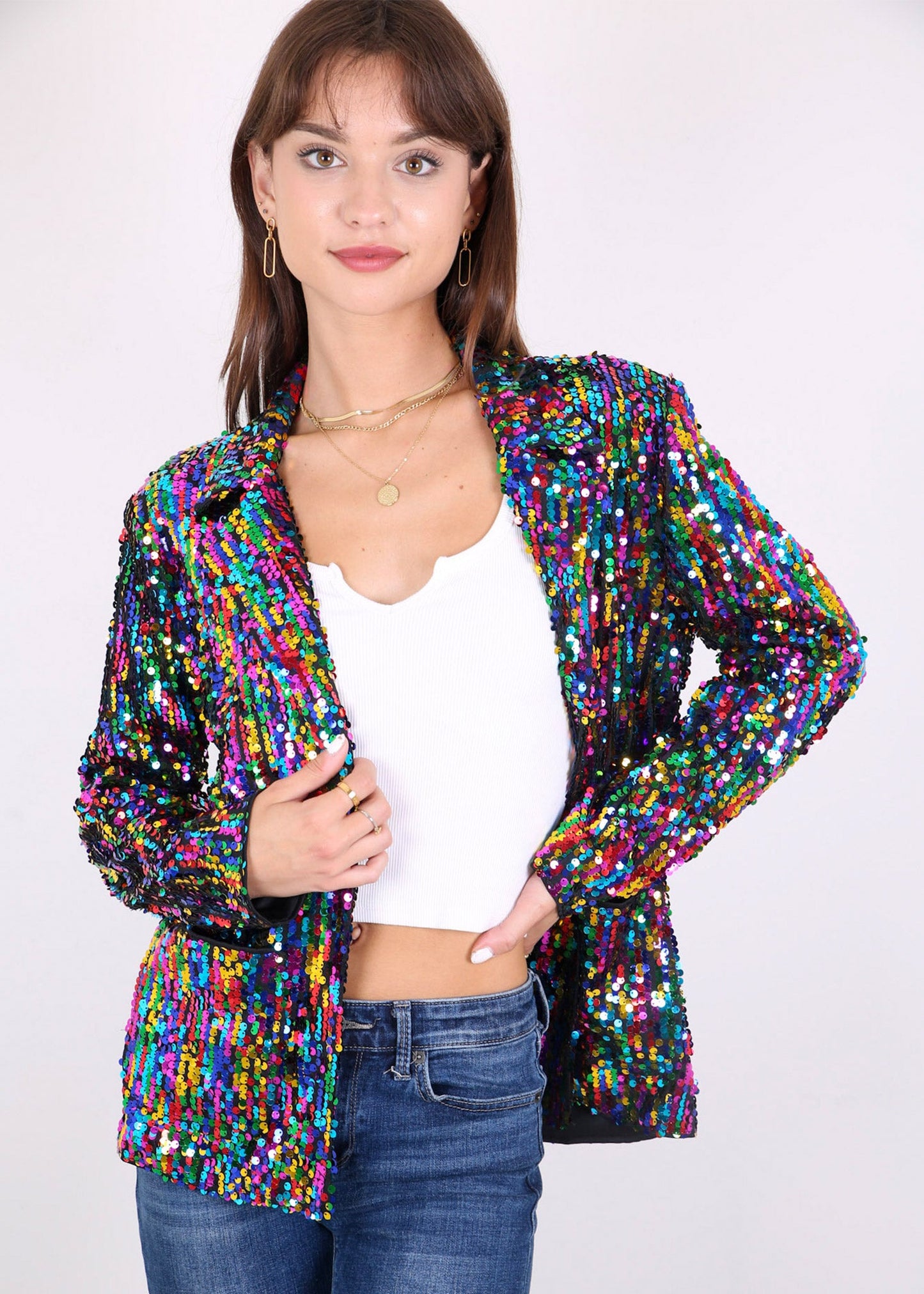 Chaqueta de lentejuelas para mujer de Anna-Kaci, chaqueta de fiesta con mangas largas y abertura frontal y brillo brillante
