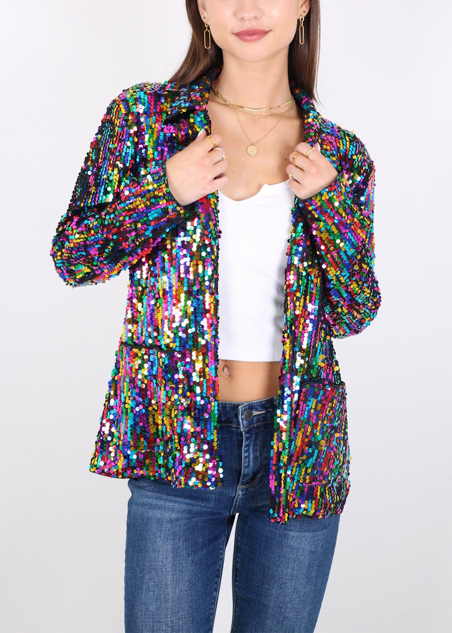 Chaqueta de lentejuelas para mujer de Anna-Kaci, chaqueta de fiesta con mangas largas y abertura frontal y brillo brillante