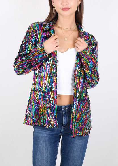 Chaqueta de lentejuelas para mujer de Anna-Kaci, chaqueta de fiesta con mangas largas y abertura frontal y brillo brillante