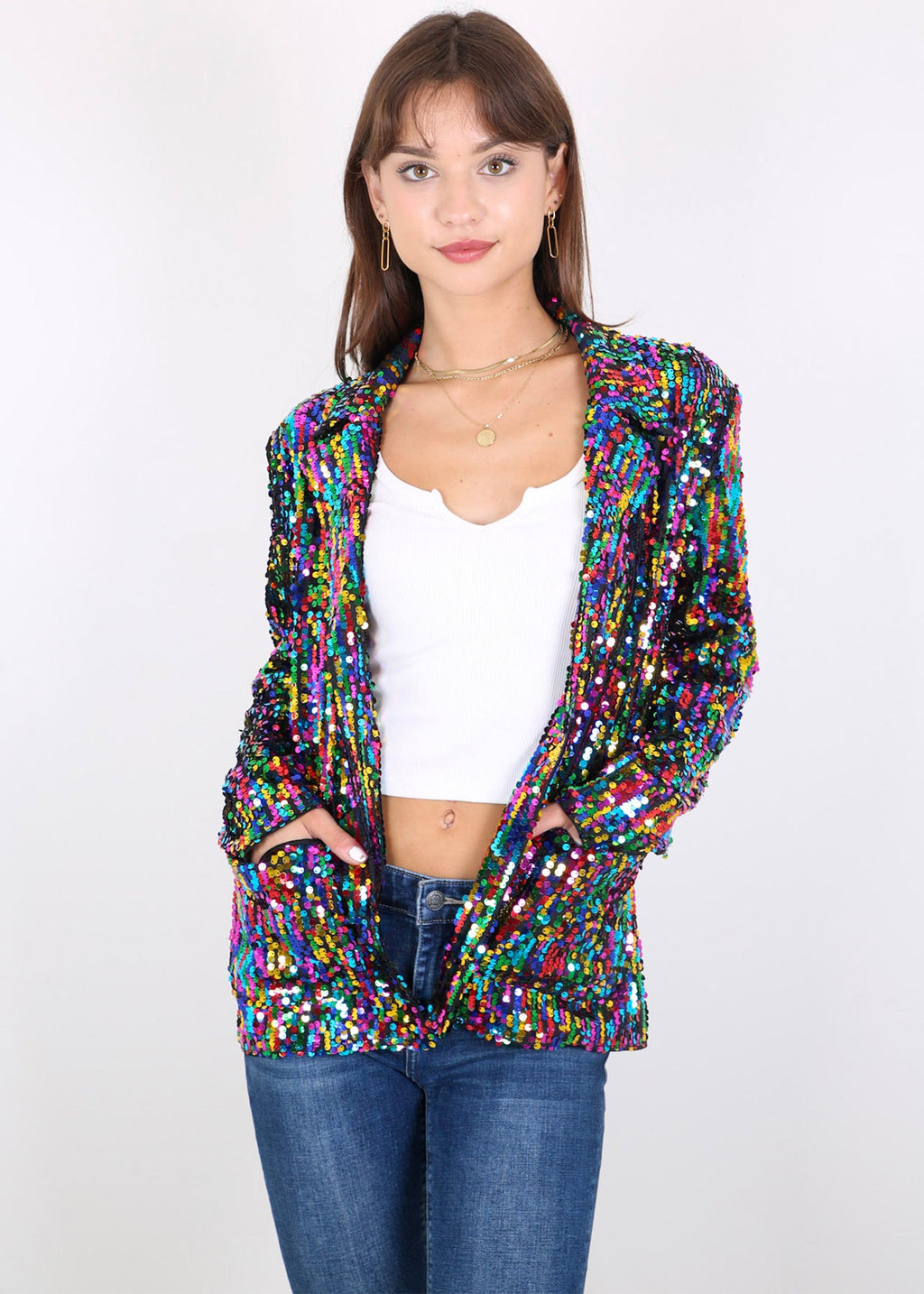 Chaqueta de lentejuelas para mujer de Anna-Kaci, chaqueta de fiesta con mangas largas y abertura frontal y brillo brillante