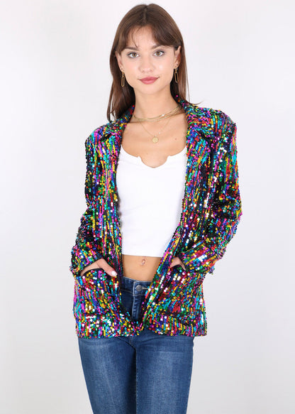 Chaqueta de lentejuelas para mujer de Anna-Kaci, chaqueta de fiesta con mangas largas y abertura frontal y brillo brillante