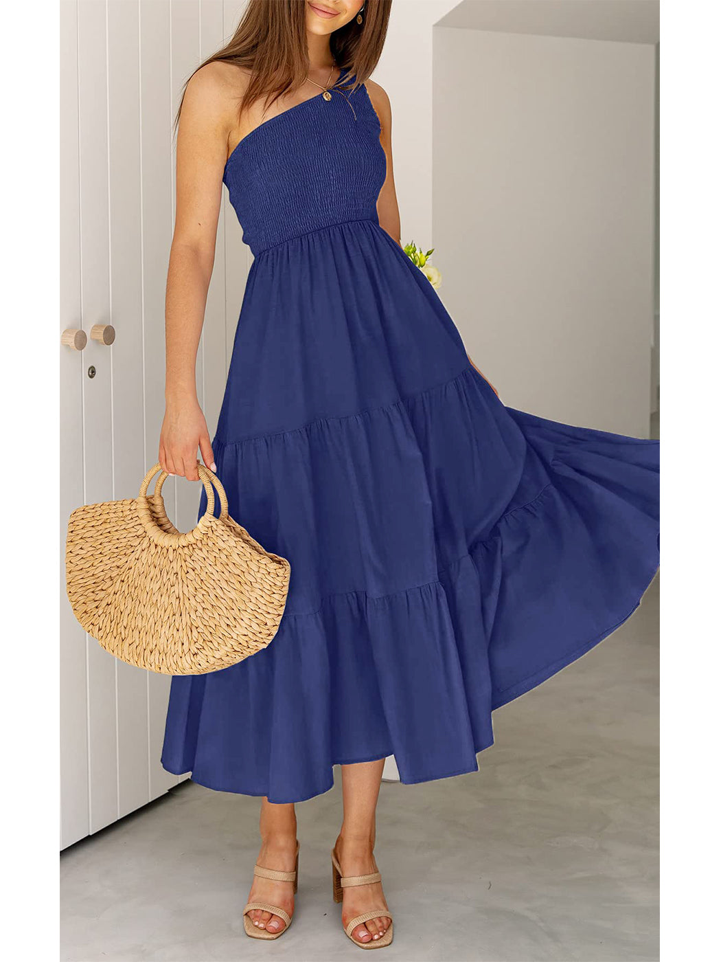 Vestido largo de verano para mujer de Anna-Kaci, estilo bohemio, con un hombro al descubierto, sin mangas, fruncido, holgado, con capas, para fiesta en la playa 