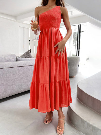 Vestido largo de verano para mujer de Anna-Kaci, estilo bohemio, con un hombro al descubierto, sin mangas, fruncido, holgado, con capas, para fiesta en la playa 