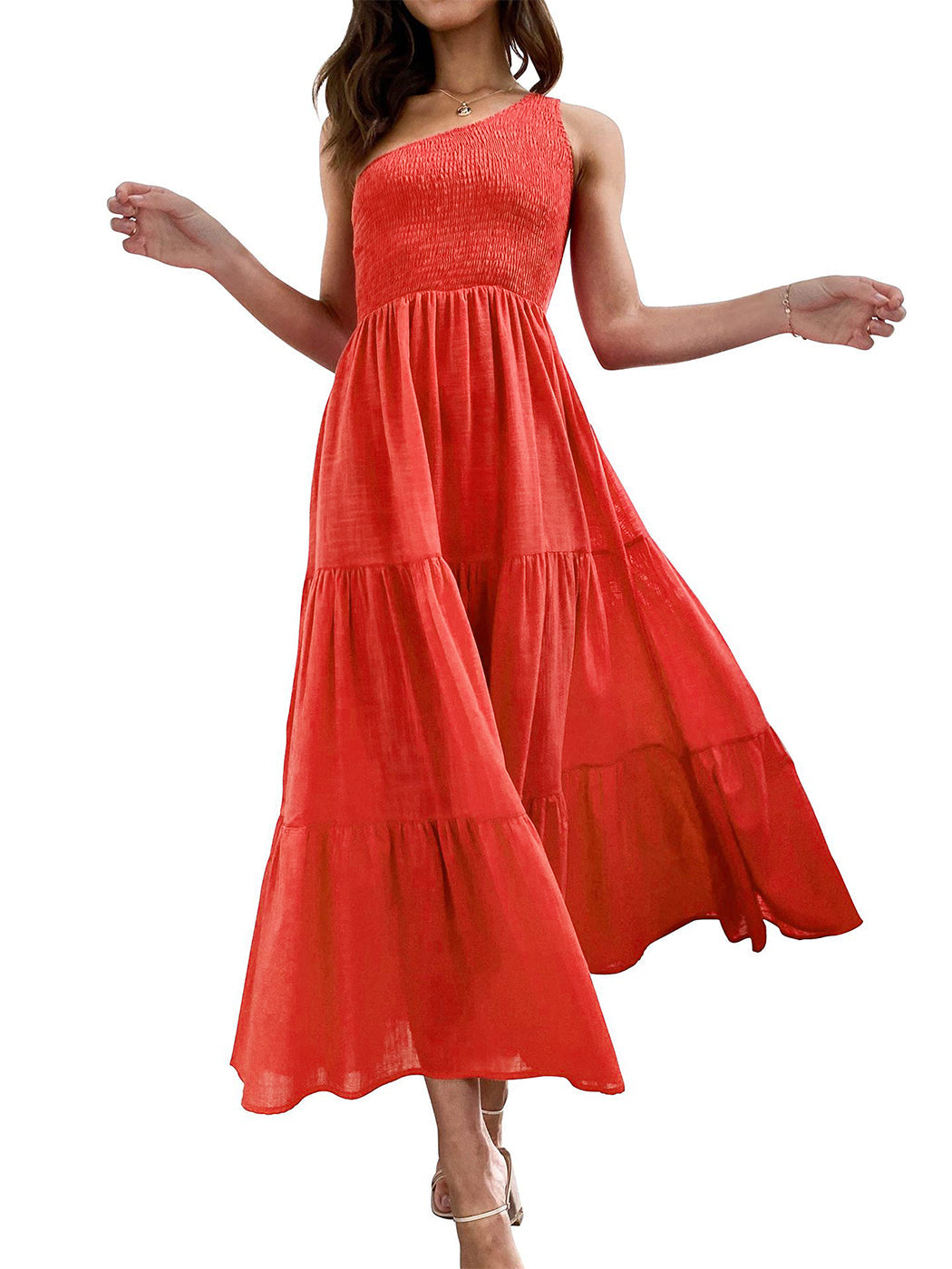 Vestido largo de verano para mujer de Anna-Kaci, estilo bohemio, con un hombro al descubierto, sin mangas, fruncido, holgado, con capas, para fiesta en la playa 