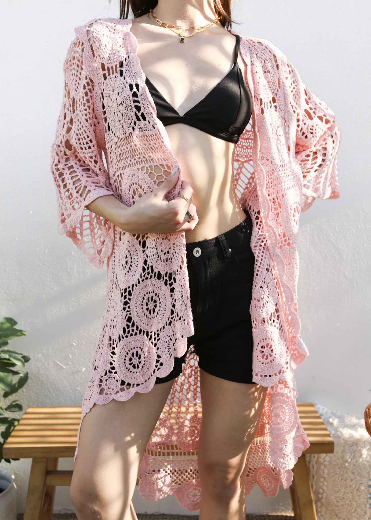 Traje de baño tipo kimono de crochet estilo boho 