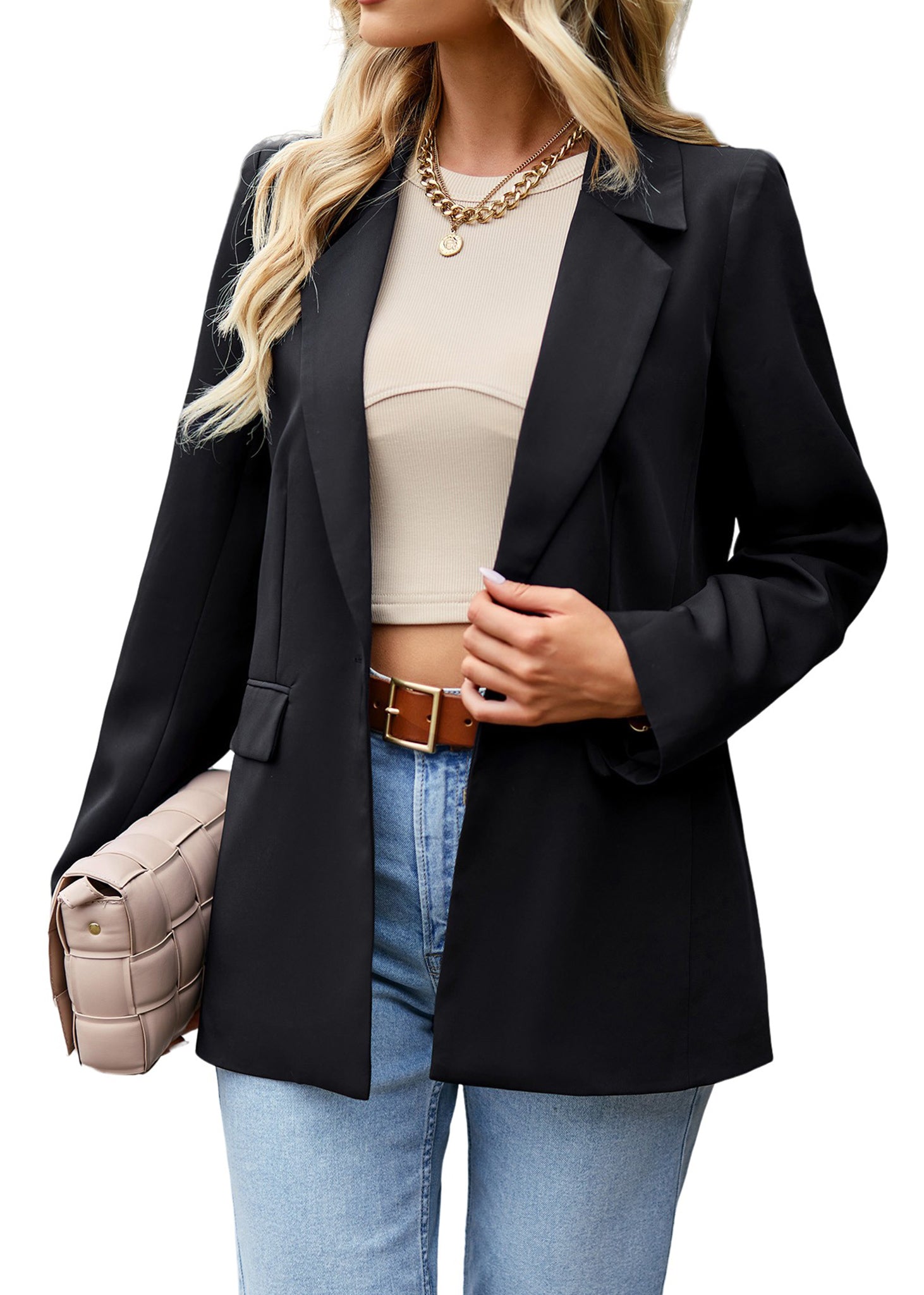 Anna-Kaci Blazers casuales de manga larga para mujer, chaquetas de traje de oficina con botones abiertos en el frente y bolsillos