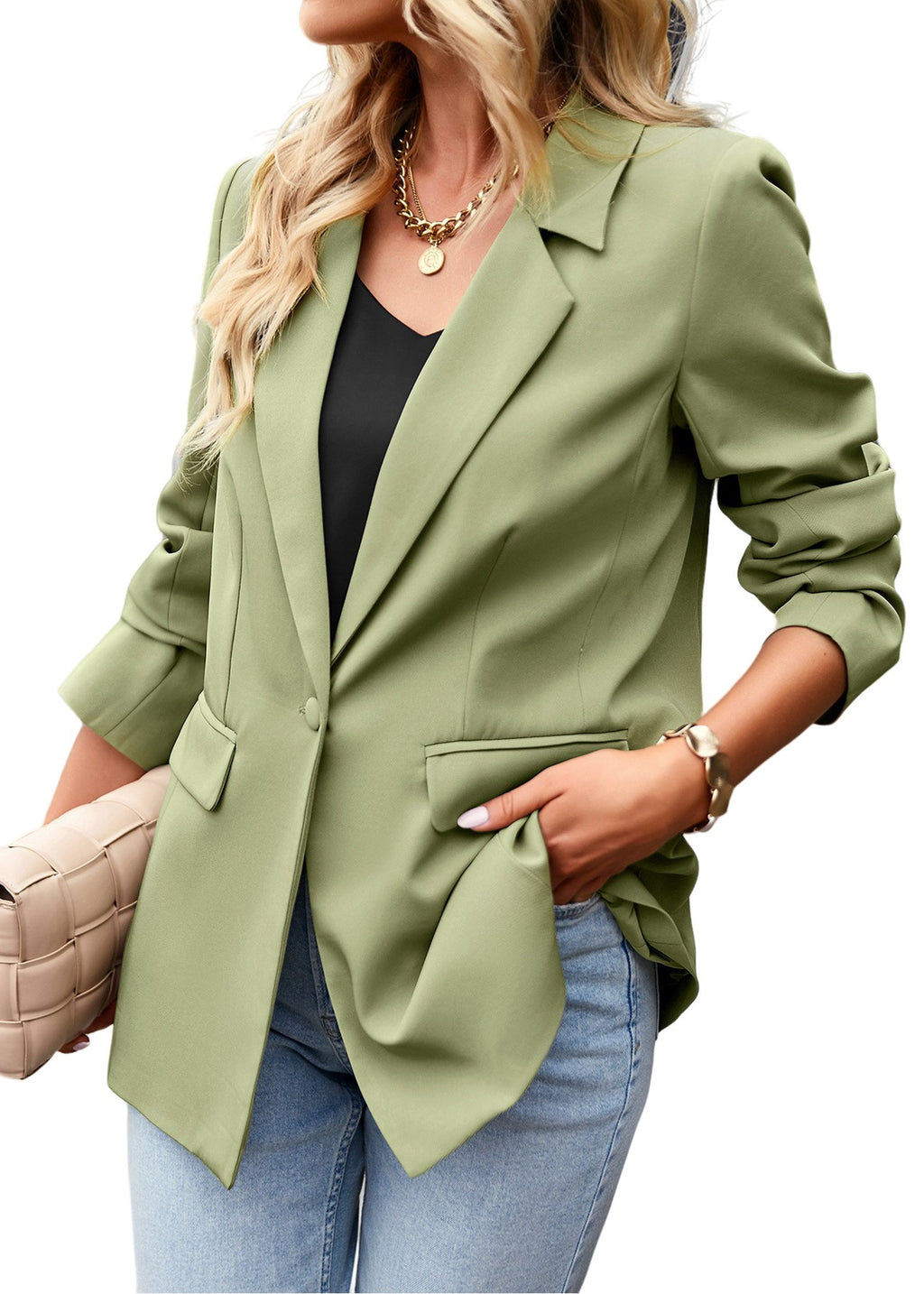 Anna-Kaci Blazers casuales de manga larga para mujer, chaquetas de traje de oficina con botones abiertos en el frente y bolsillos