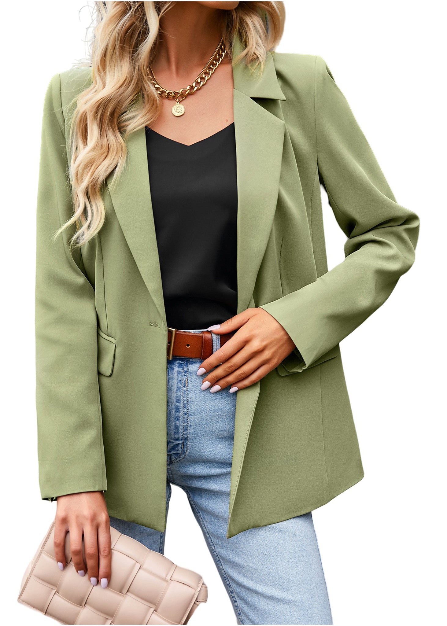 Anna-Kaci Blazers casuales de manga larga para mujer, chaquetas de traje de oficina con botones abiertos en el frente y bolsillos