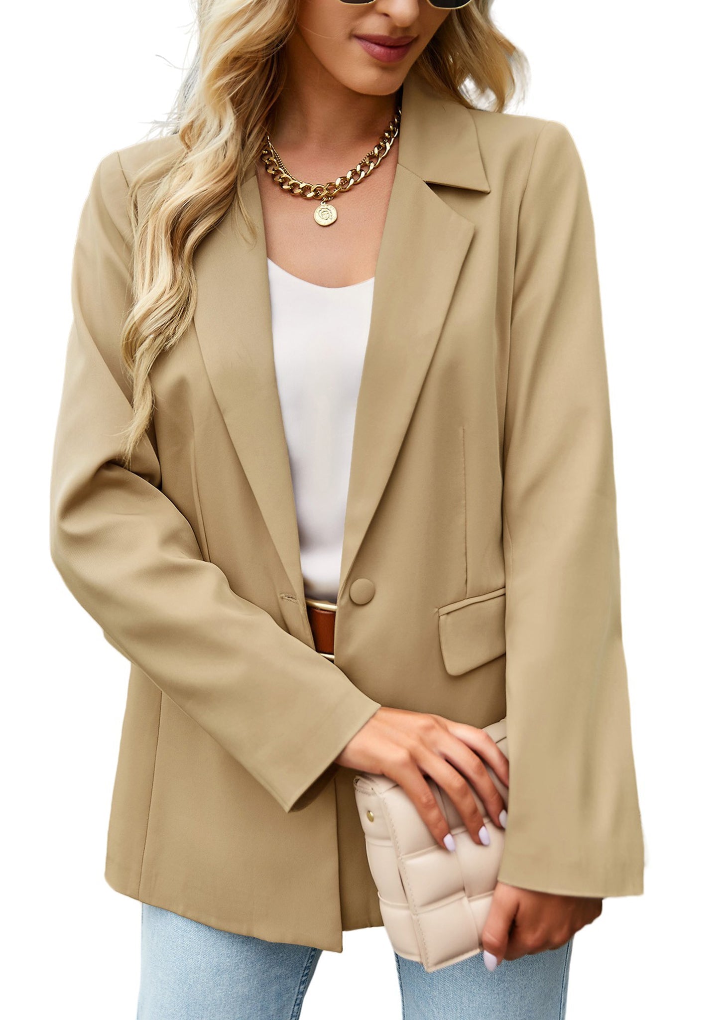 Anna-Kaci Blazers casuales de manga larga para mujer, chaquetas de traje de oficina con botones abiertos en el frente y bolsillos