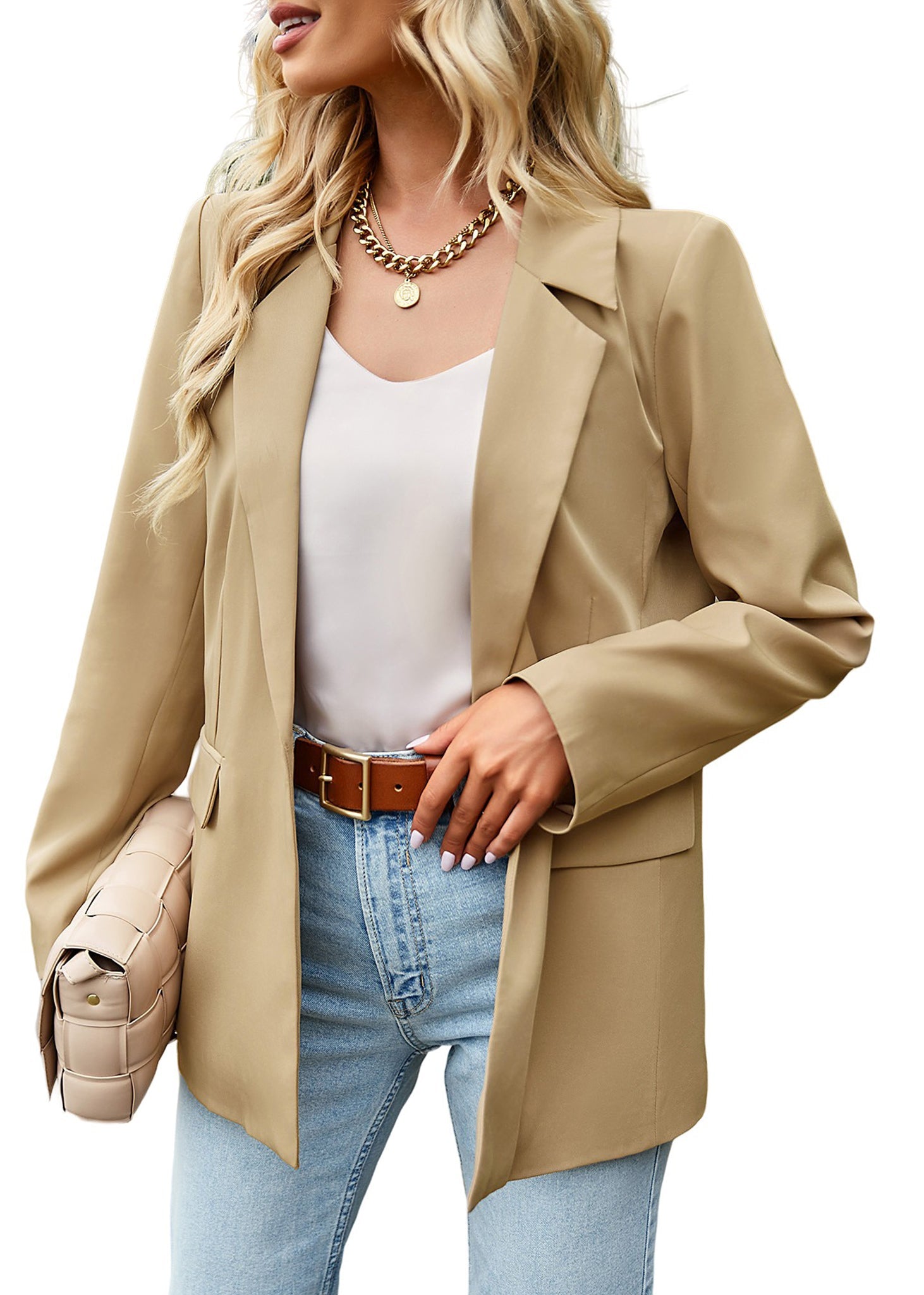 Anna-Kaci Blazers casuales de manga larga para mujer, chaquetas de traje de oficina con botones abiertos en el frente y bolsillos