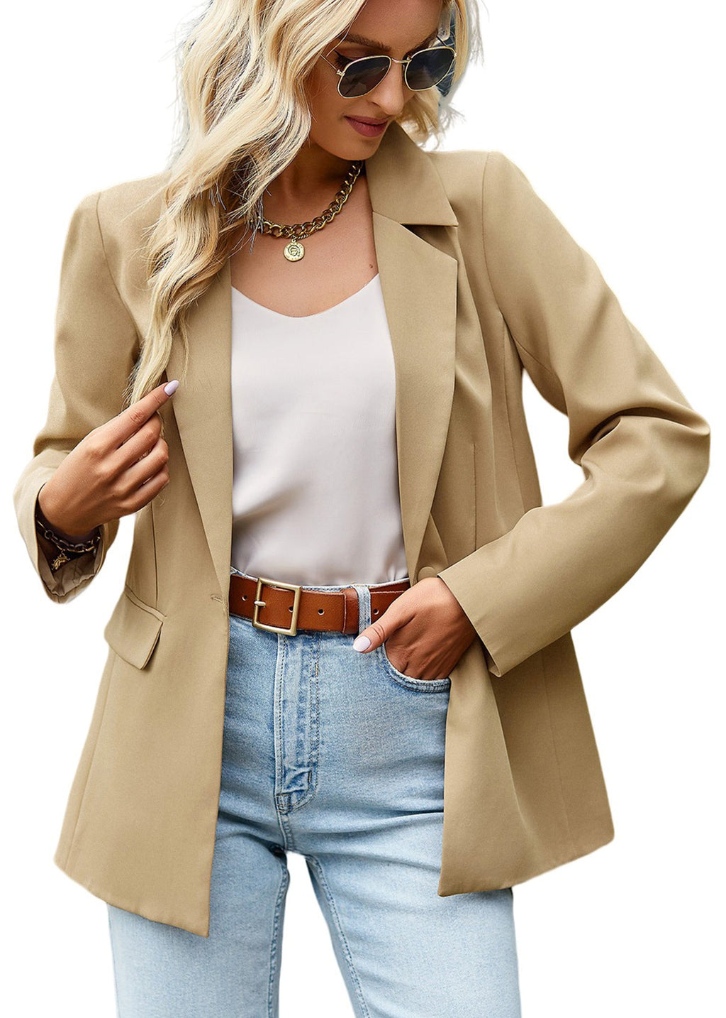 Anna-Kaci Blazers casuales de manga larga para mujer, chaquetas de traje de oficina con botones abiertos en el frente y bolsillos