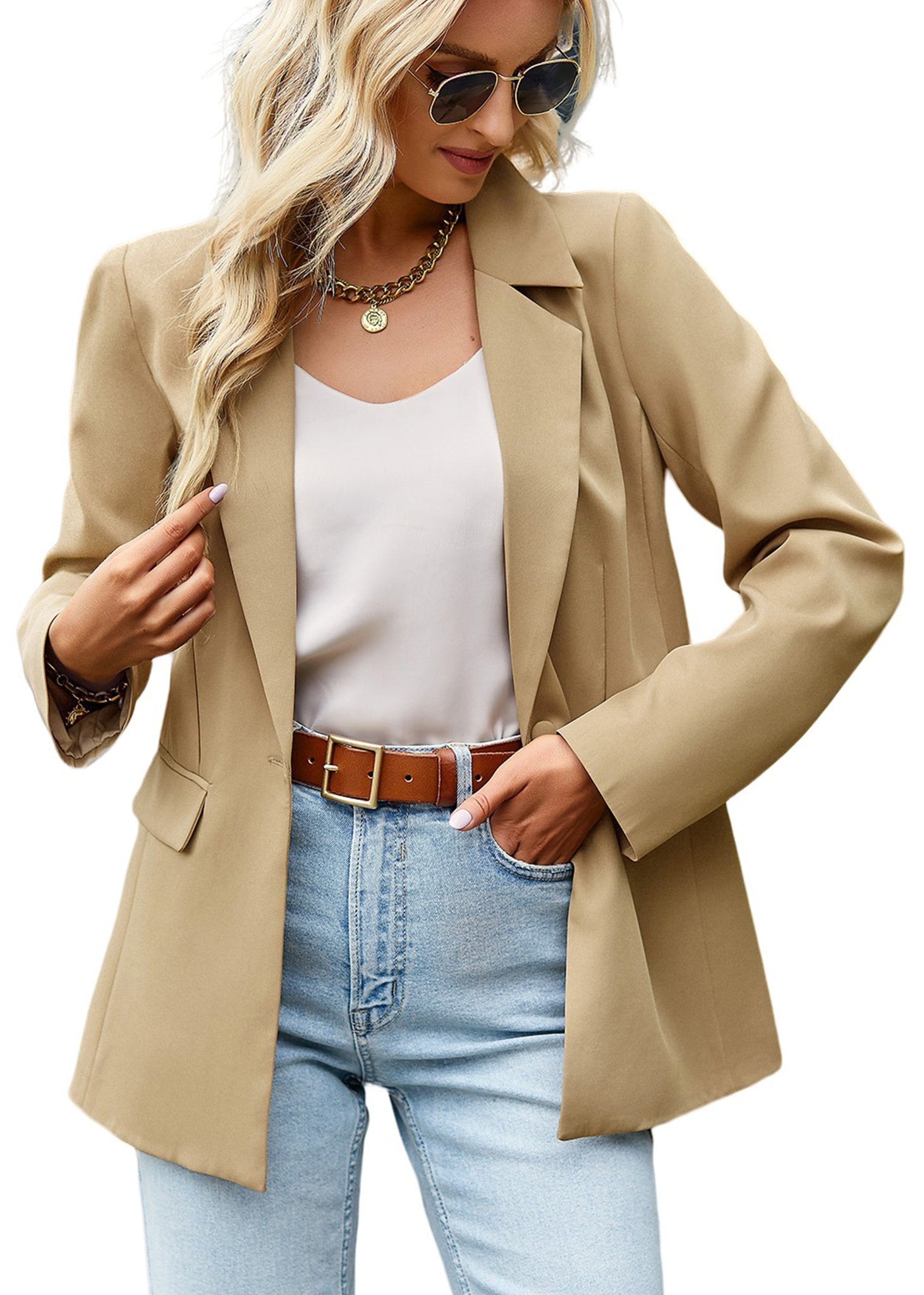Anna-Kaci Blazers casuales de manga larga para mujer, chaquetas de traje de oficina con botones abiertos en el frente y bolsillos
