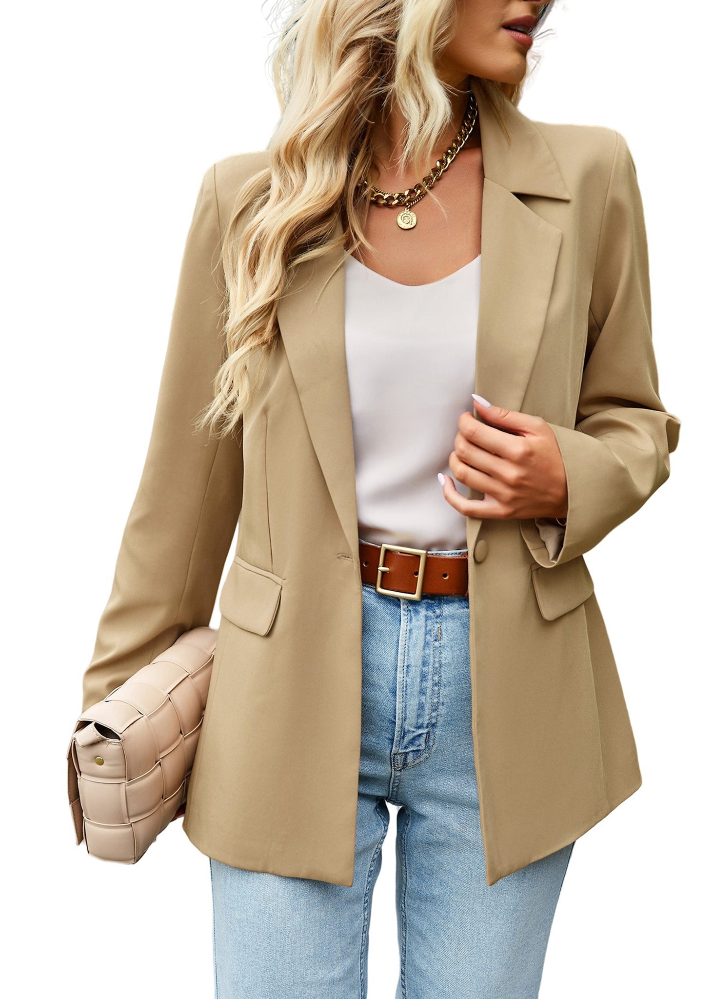 Anna-Kaci Blazers casuales de manga larga para mujer, chaquetas de traje de oficina con botones abiertos en el frente y bolsillos