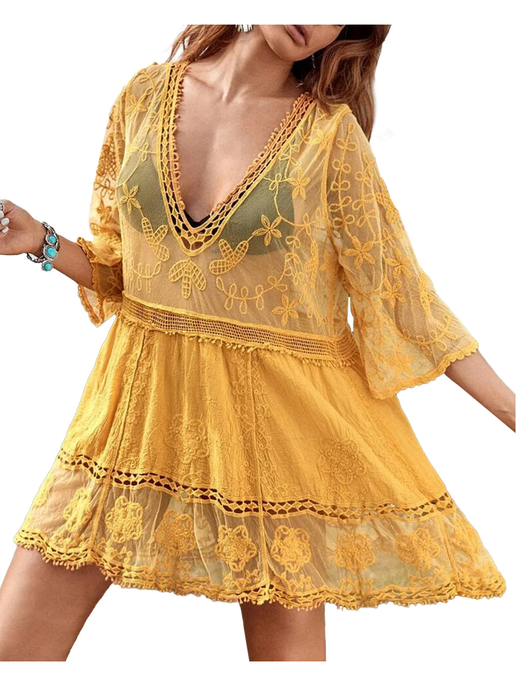 Contrast Embroidered Lace V Neck Bikini Cover Up Beach Mini Dress with Half Sleeve