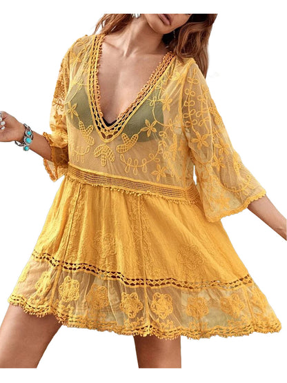 Contrast Embroidered Lace V Neck Bikini Cover Up Beach Mini Dress with Half Sleeve