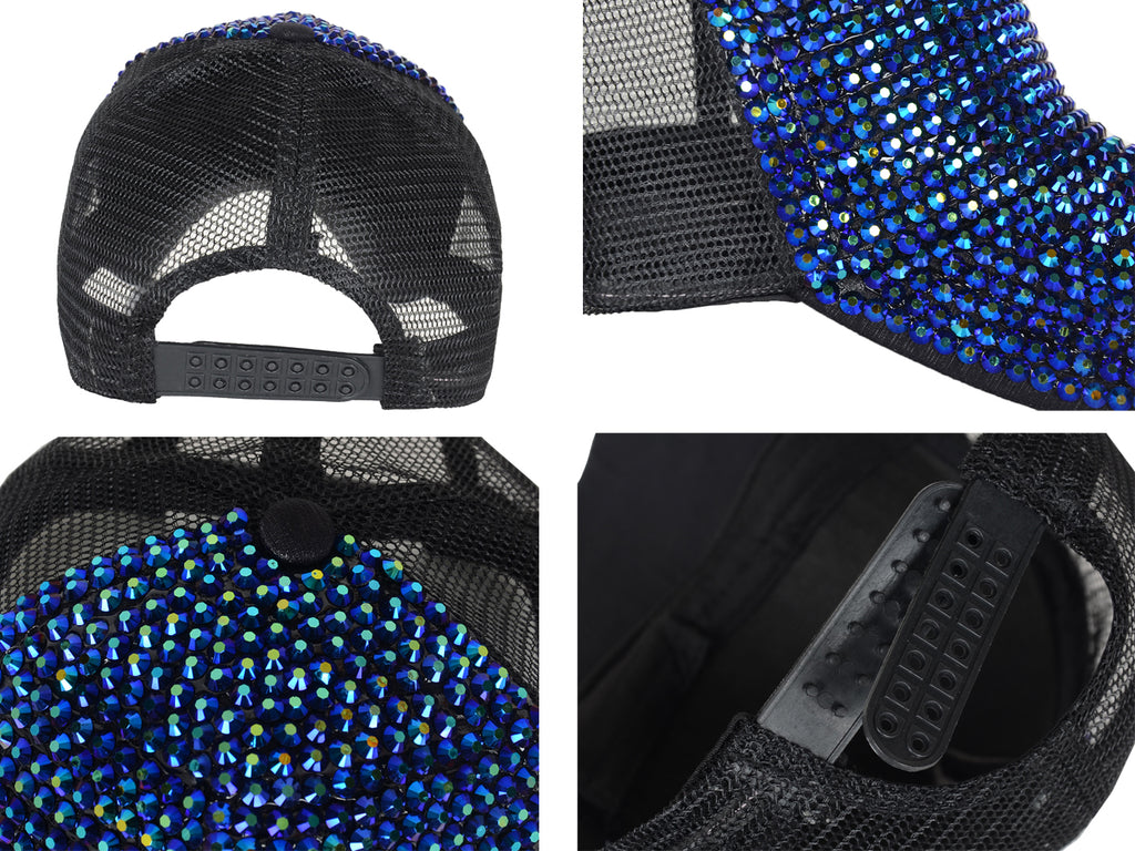 Gorra de béisbol con tachuelas y diamantes de imitación para mujer de Anna-Kaci, con cola de caballo y moño, ajustable, de malla brillante