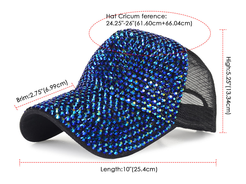 Gorra de béisbol con tachuelas y diamantes de imitación para mujer de Anna-Kaci, con cola de caballo y moño, ajustable, de malla brillante