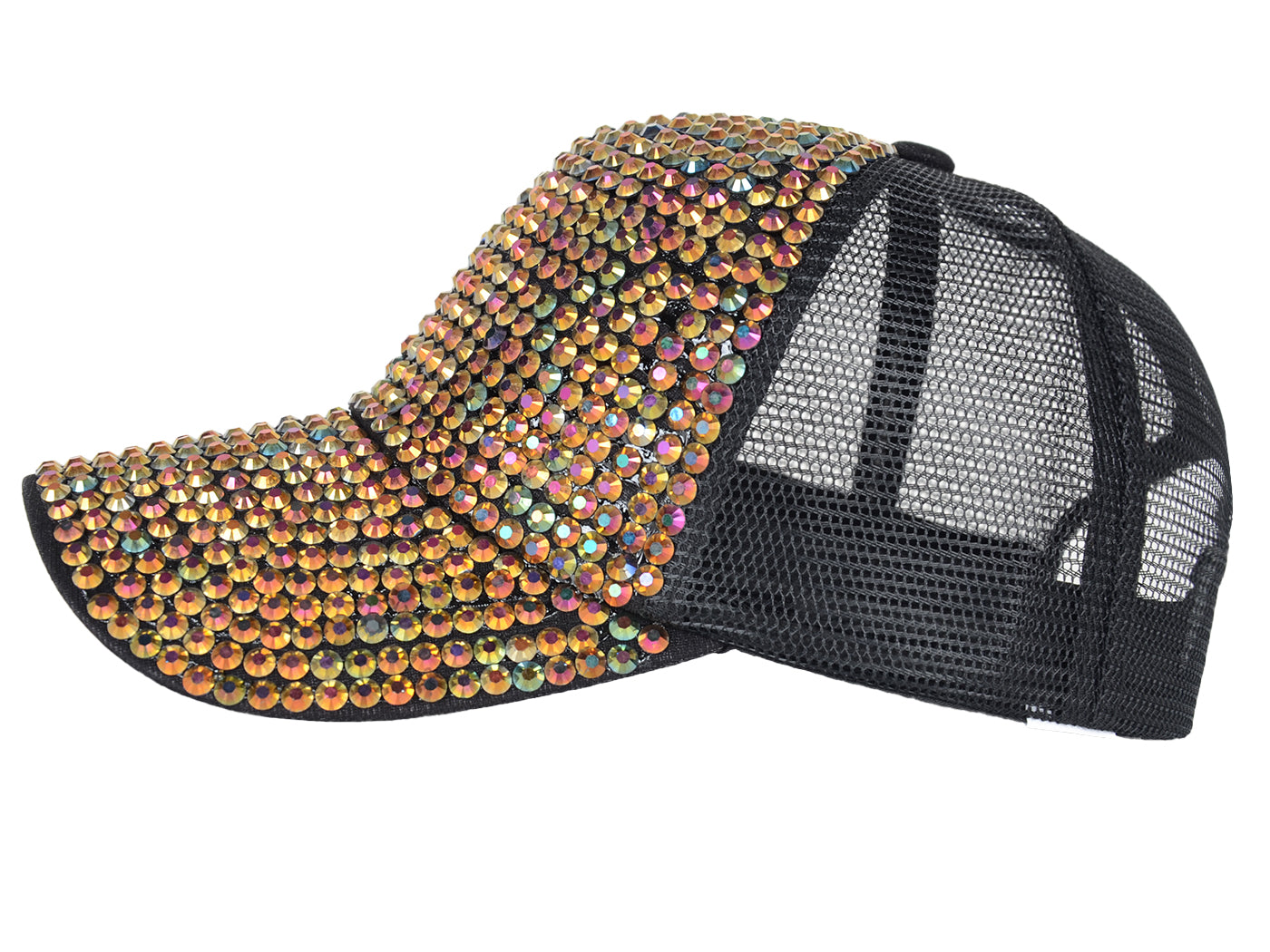 Gorra de béisbol con tachuelas y diamantes de imitación para mujer de Anna-Kaci, con cola de caballo y moño, ajustable, de malla brillante