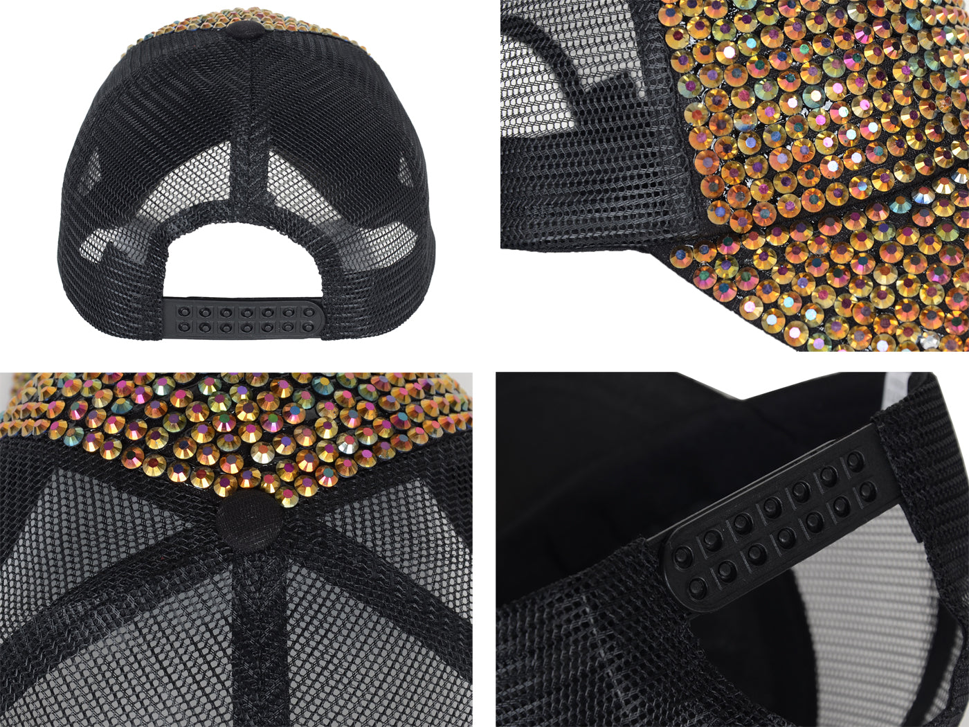 Gorra de béisbol con tachuelas y diamantes de imitación para mujer de Anna-Kaci, con cola de caballo y moño, ajustable, de malla brillante