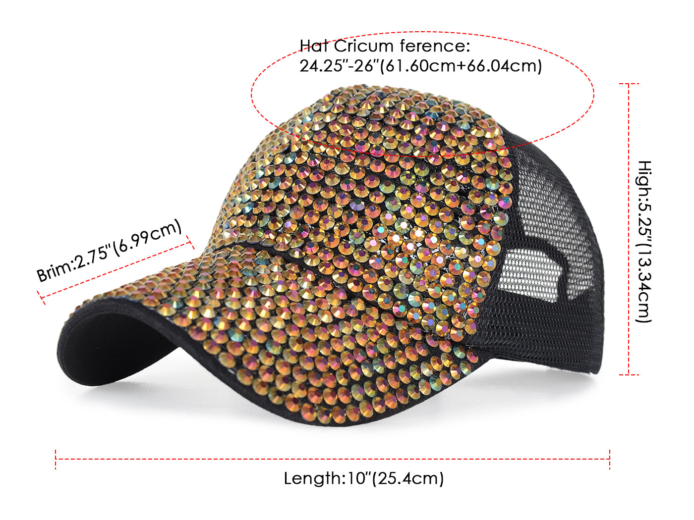 Gorra de béisbol con tachuelas y diamantes de imitación para mujer de Anna-Kaci, con cola de caballo y moño, ajustable, de malla brillante