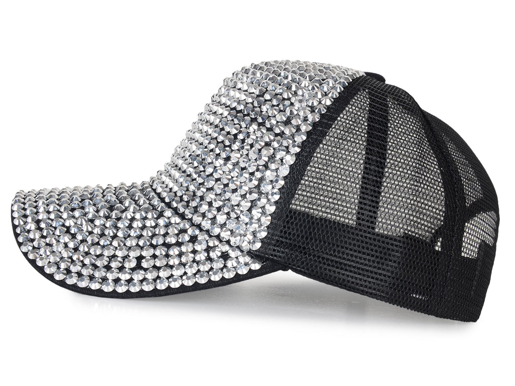 Gorra de béisbol con tachuelas y diamantes de imitación para mujer de Anna-Kaci, con cola de caballo y moño, ajustable, de malla brillante