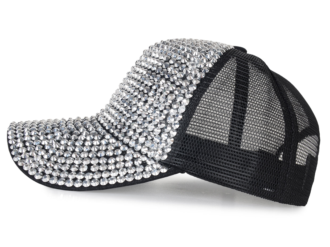 Gorra de béisbol con tachuelas y diamantes de imitación para mujer de Anna-Kaci, con cola de caballo y moño, ajustable, de malla brillante
