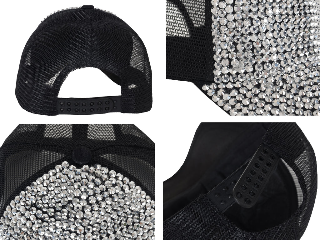 Gorra de béisbol con tachuelas y diamantes de imitación para mujer de Anna-Kaci, con cola de caballo y moño, ajustable, de malla brillante