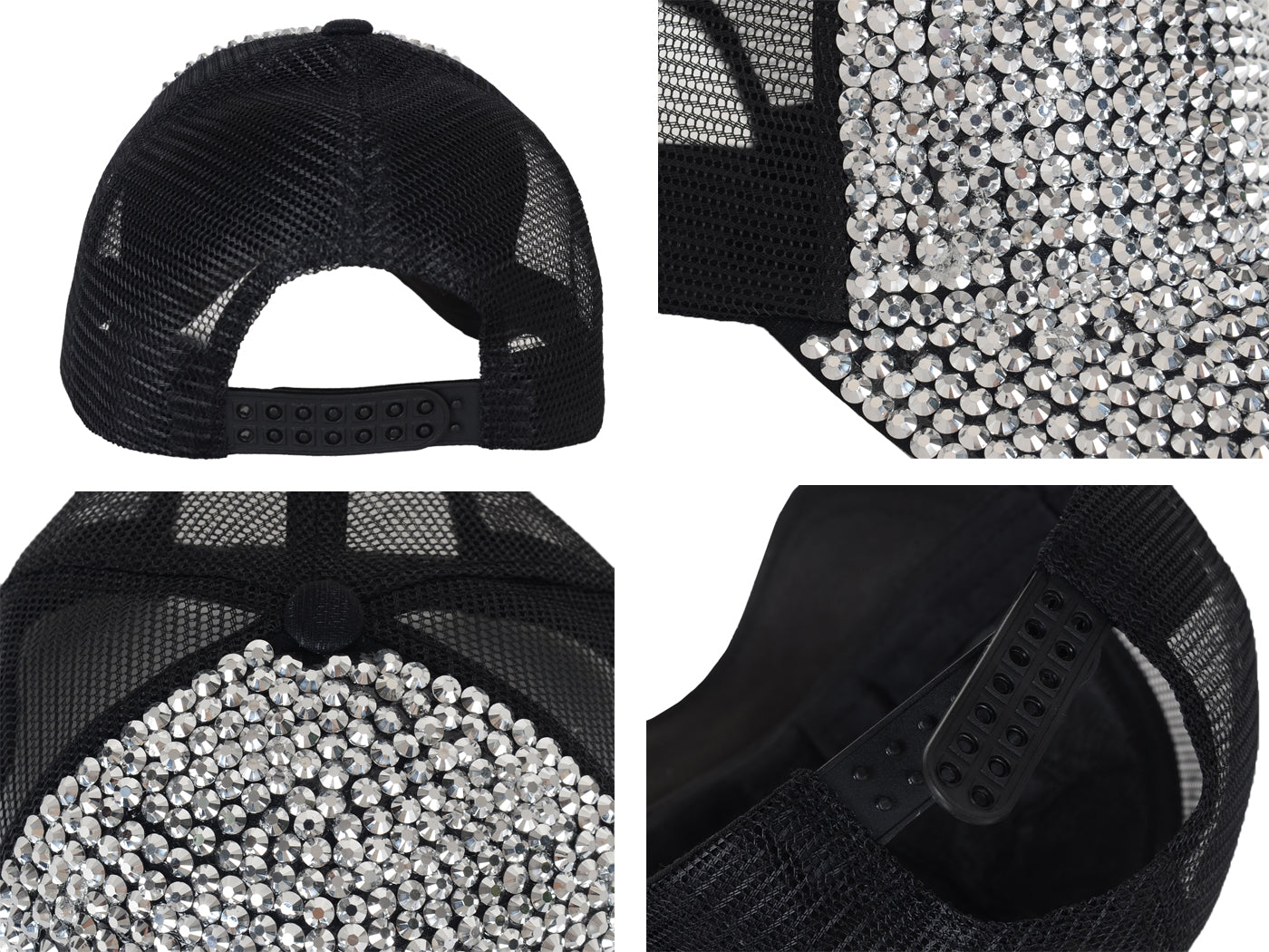 Gorra de béisbol con tachuelas y diamantes de imitación para mujer de Anna-Kaci, con cola de caballo y moño, ajustable, de malla brillante