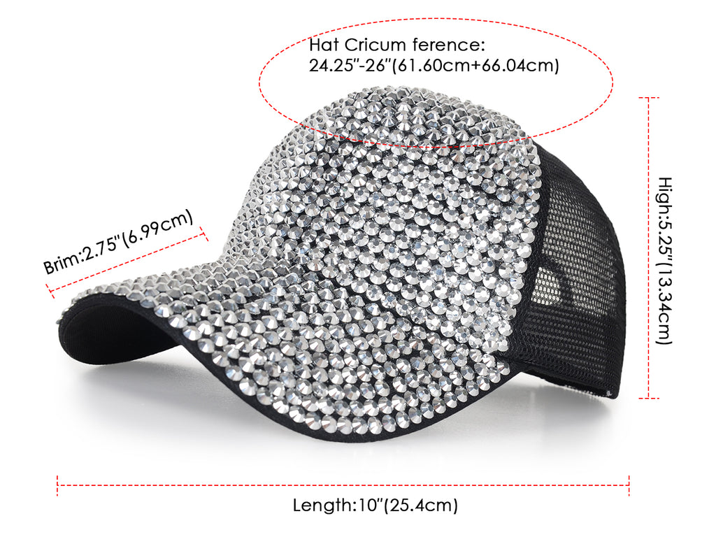 Gorra de béisbol con tachuelas y diamantes de imitación para mujer de Anna-Kaci, con cola de caballo y moño, ajustable, de malla brillante