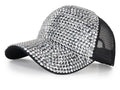 Gorra de béisbol con tachuelas y diamantes de imitación para mujer de Anna-Kaci, con cola de caballo y moño, ajustable, de malla brillante
